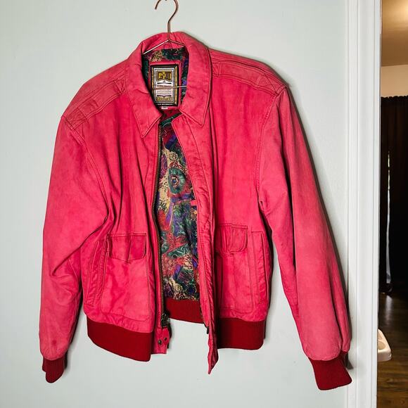 Vintage 80s Global Identity G-III Red Pink Leather Bomber Style Jacket Size M - Picture 7 of 12